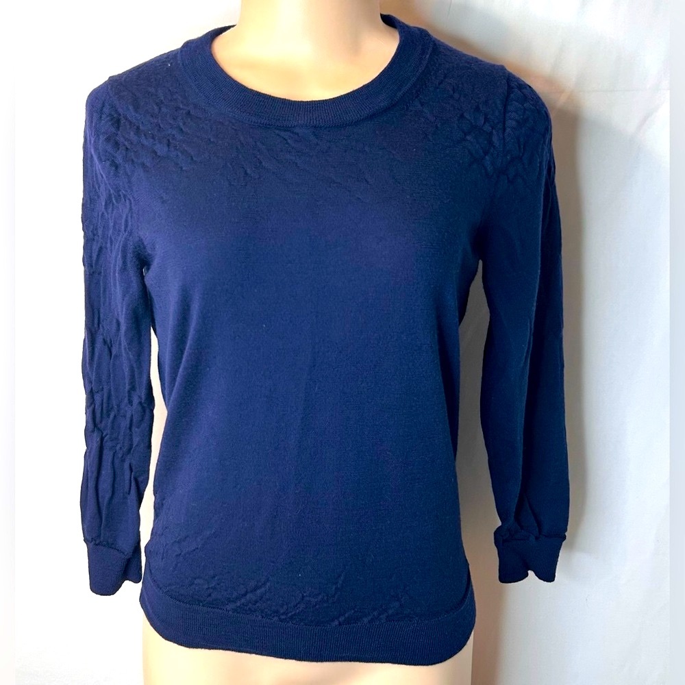 J. Crew Women’s Navy Blue Crewneck Sweater with Elegant Textured Design Size M